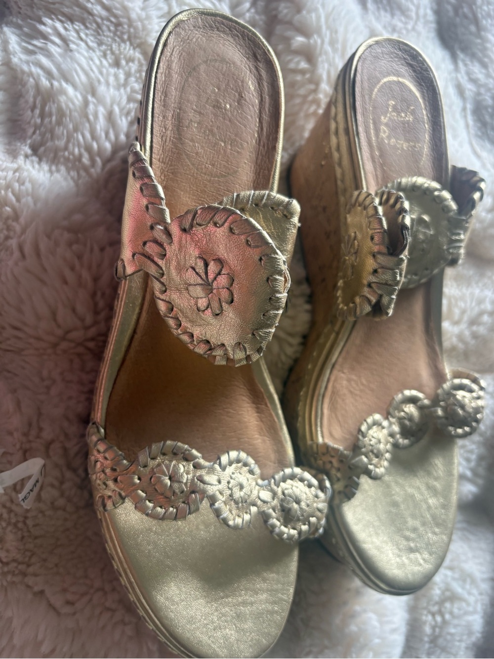 Jack Rogers Gold Wedge Sandals with Whipstitch Floral Appliqué